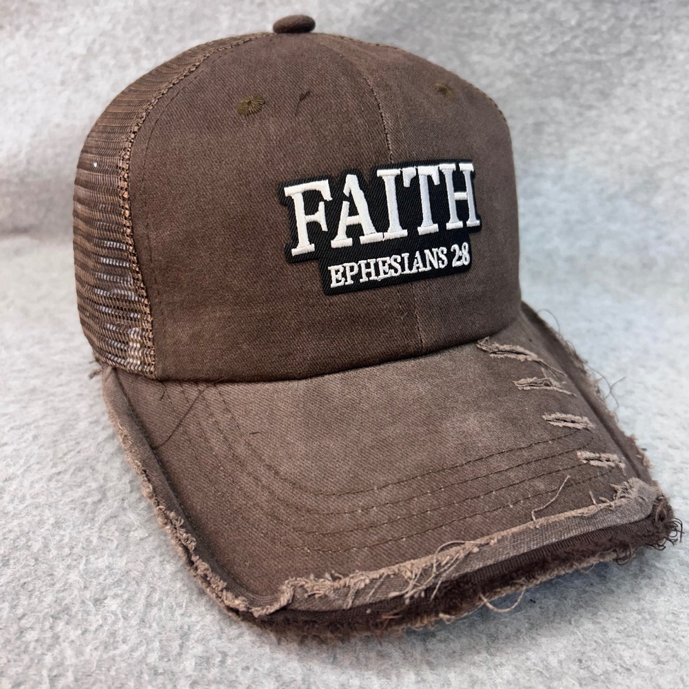 Faith Ephesians 2:8 Brown Unbranded Trucker Hat Distressed Snapback OSFM